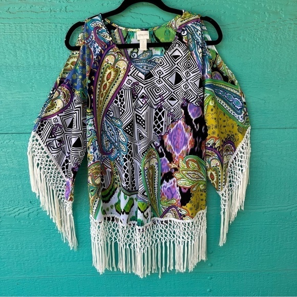 CHICO’S RETRO MACRAMÉ FRINGE PAISLEY MOD TUNIC TOP SIZE LARGE EUC - Picture 1 of 12